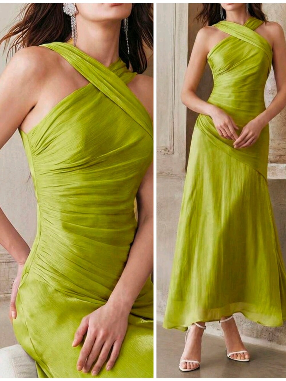 New Luxe Metallic Twist Halter Asymmetrical Midi Dress Bright Spring Green